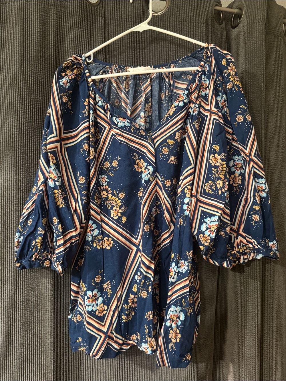 LC Lauren Conrad Navy Floral Geometric Off-Shoulder Blouse